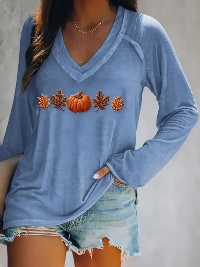 Women's Autumn Maple Leaf Pumpkin Print Long Sleeve T-Shirt