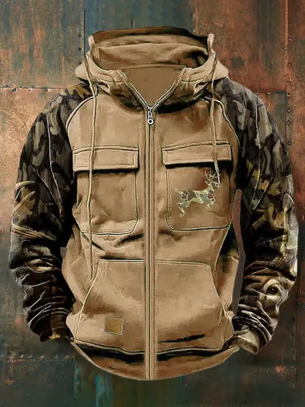 Men's Vintage Western Deer Print Multi-Pocket Jacket