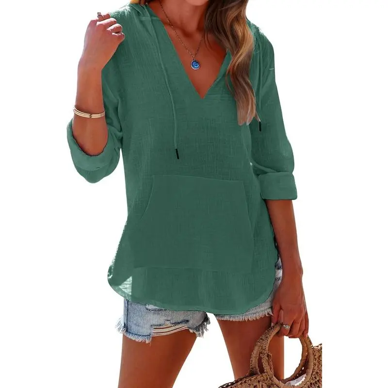 Women's Beach Cover Up Hoodie – Long Sleeve V-Neck Top with Pocket