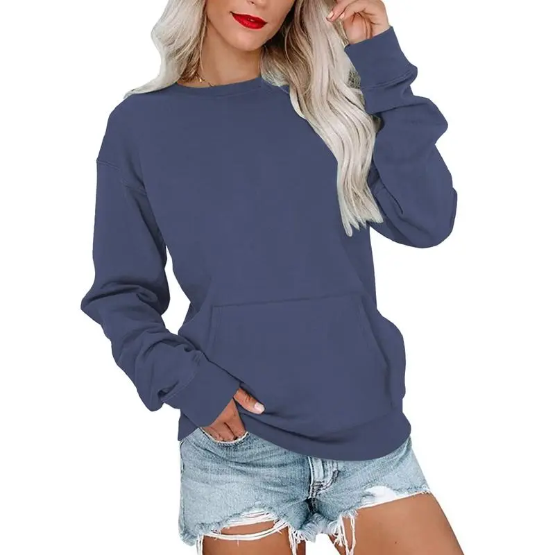 Women's Crewneck Hoodless Sweatshirt With Kangaroo Pocket Fleece Longsleeve Oversized Casual Style Shirt