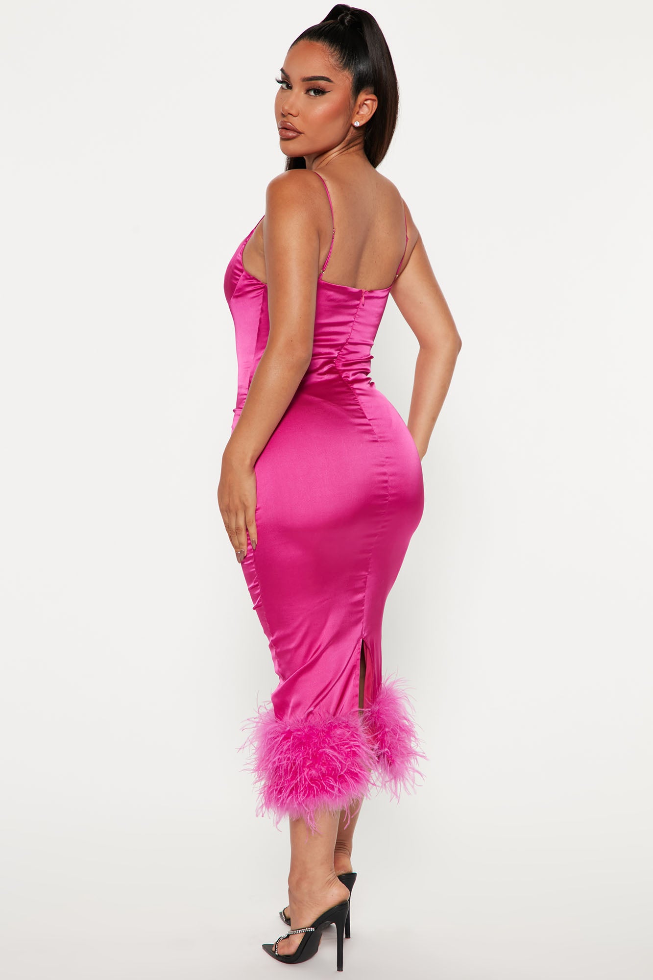 Party Night Feather Midi Dress - Magenta