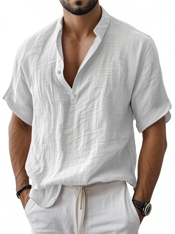 Men's Breathable Linen Henley Button Short Sleeve T-Shirt Henley Shirt