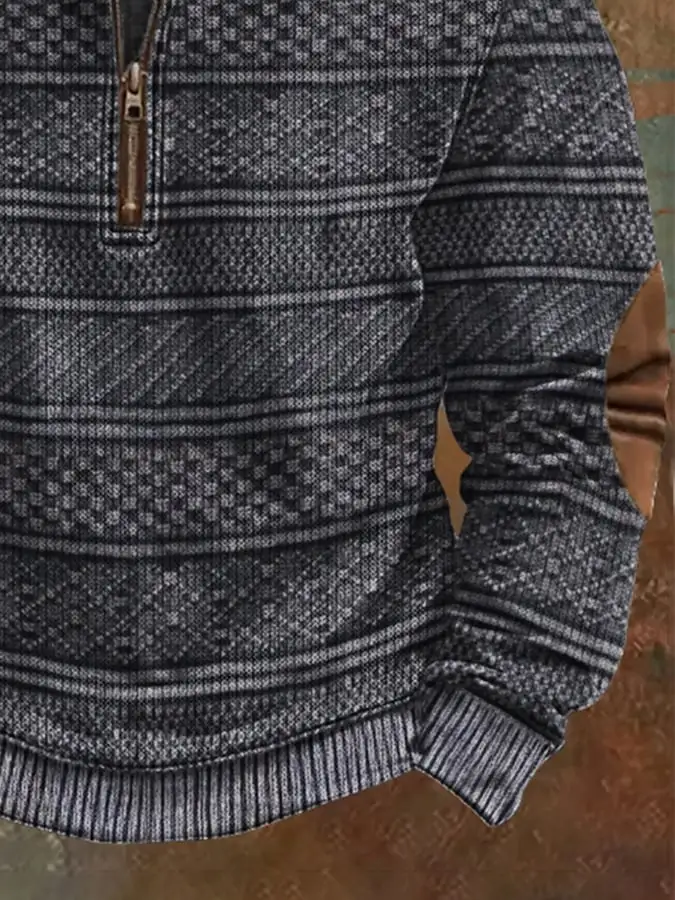 Men'S Casual 1/4 Zipper Half Stand Collar Retro Print Long Sleeve Sweatshirt