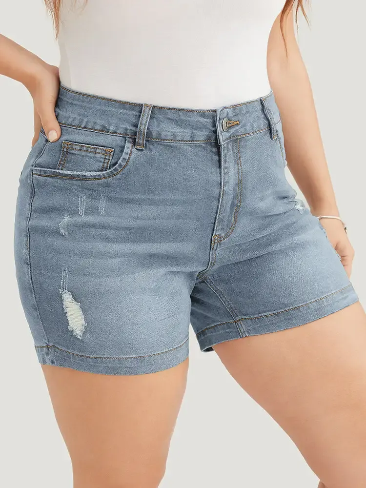 Moderately Stretchy High Rise Dark Wash Distressed Denim Shorts