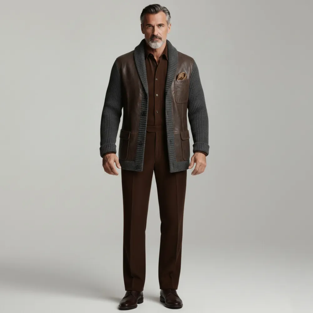Men's Brown And Gray PU Patchwork Knit Shawl Lapel Single Breasted Pockets Long Sleeve Sweater Cardigan