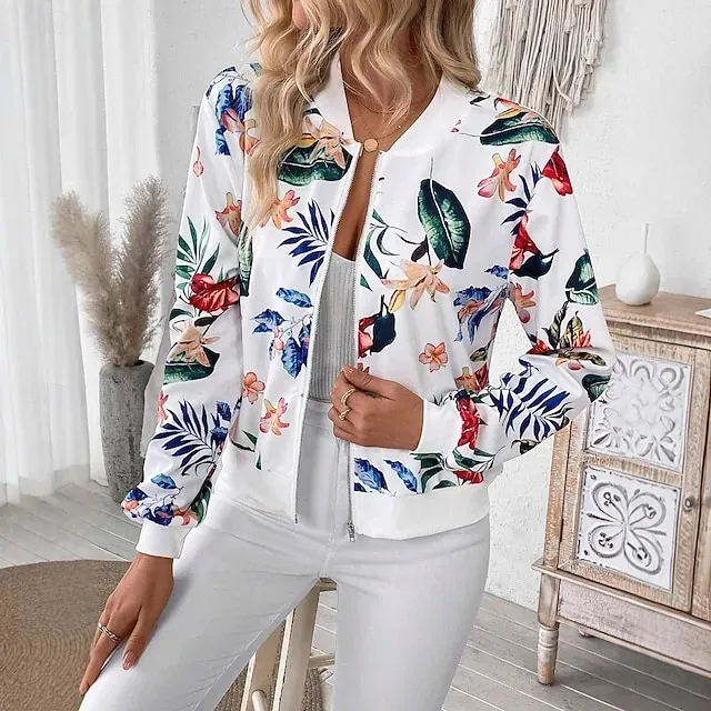 Women's Casual Jacket Comfortable Zipper Fashion Daily Modern Floral School Outdoor Vacation Home Regular Baseball Collar Regular Fit Long Sleeve Outerwear White Spring Fall