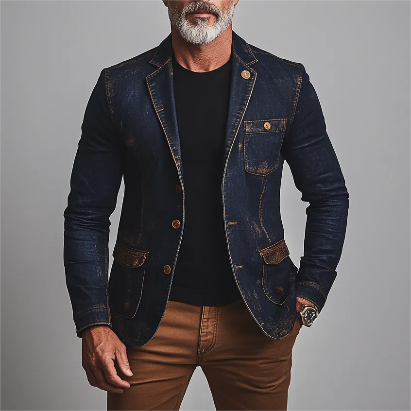 Men's Vintage Notch Lapel Two Button Utility Pocket Denim Jacket