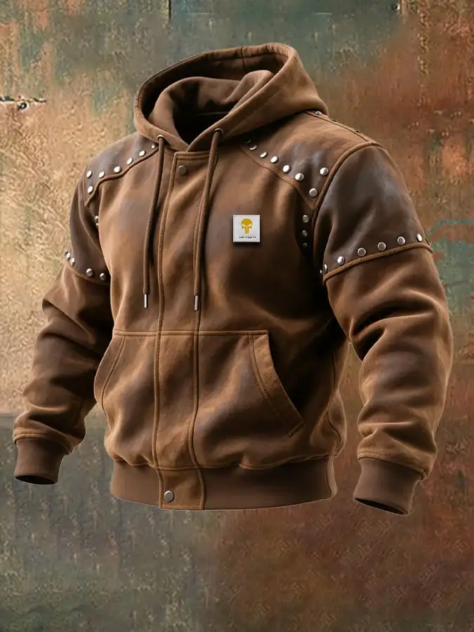 Men's Rivet Vintage Suede Hooded Warm Jacket