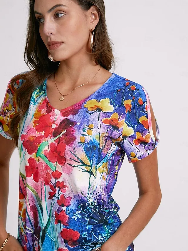 Women's T shirt Tee Floral Button Cut Out Print Holiday Weekend Basic Neon & Bright Short Sleeve V Neck Red