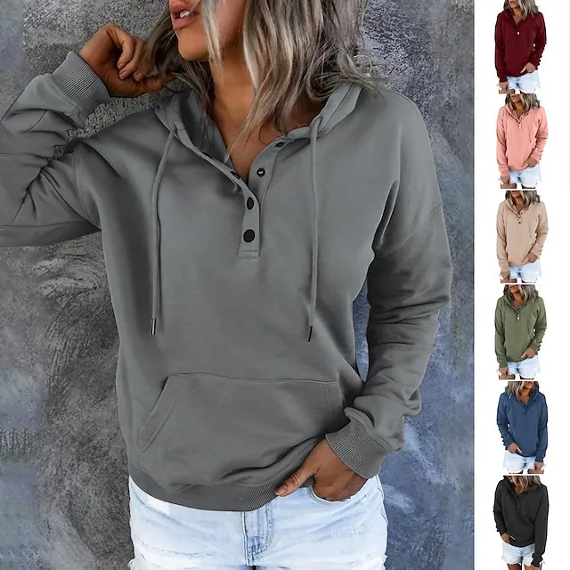 Hoodie Women's Wine Red Black Pink Solid Colored Button Pocket Street Daily Daily Basic Hooded S