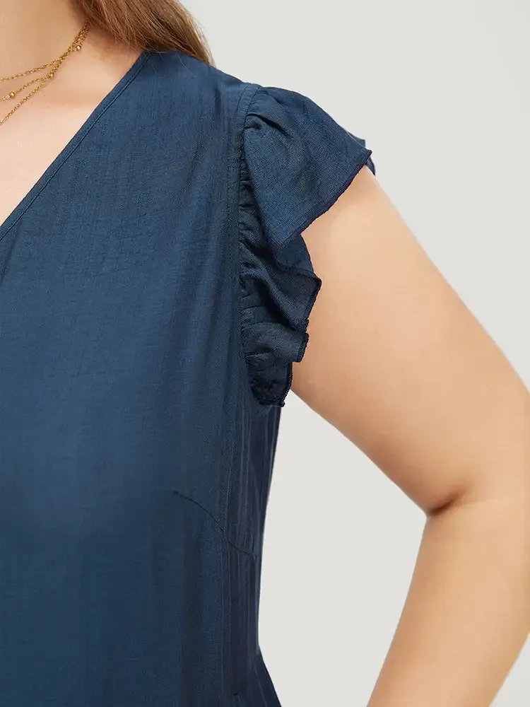 Plain Pocket Button Detail Ruffle Layered Hem Dress