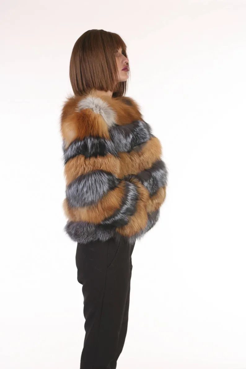 Red and Silver Fox Fur  Jacket