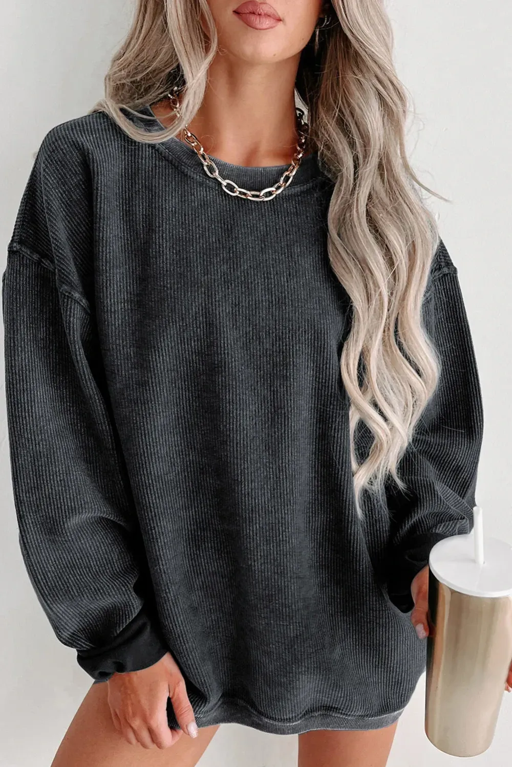 ✨ Women's Solid Color Ribbed Knit Round Neck Pullover Sweatshirt