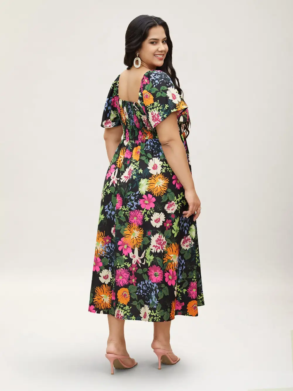 Floral Shirred Square Neck Pocket Midi Dress