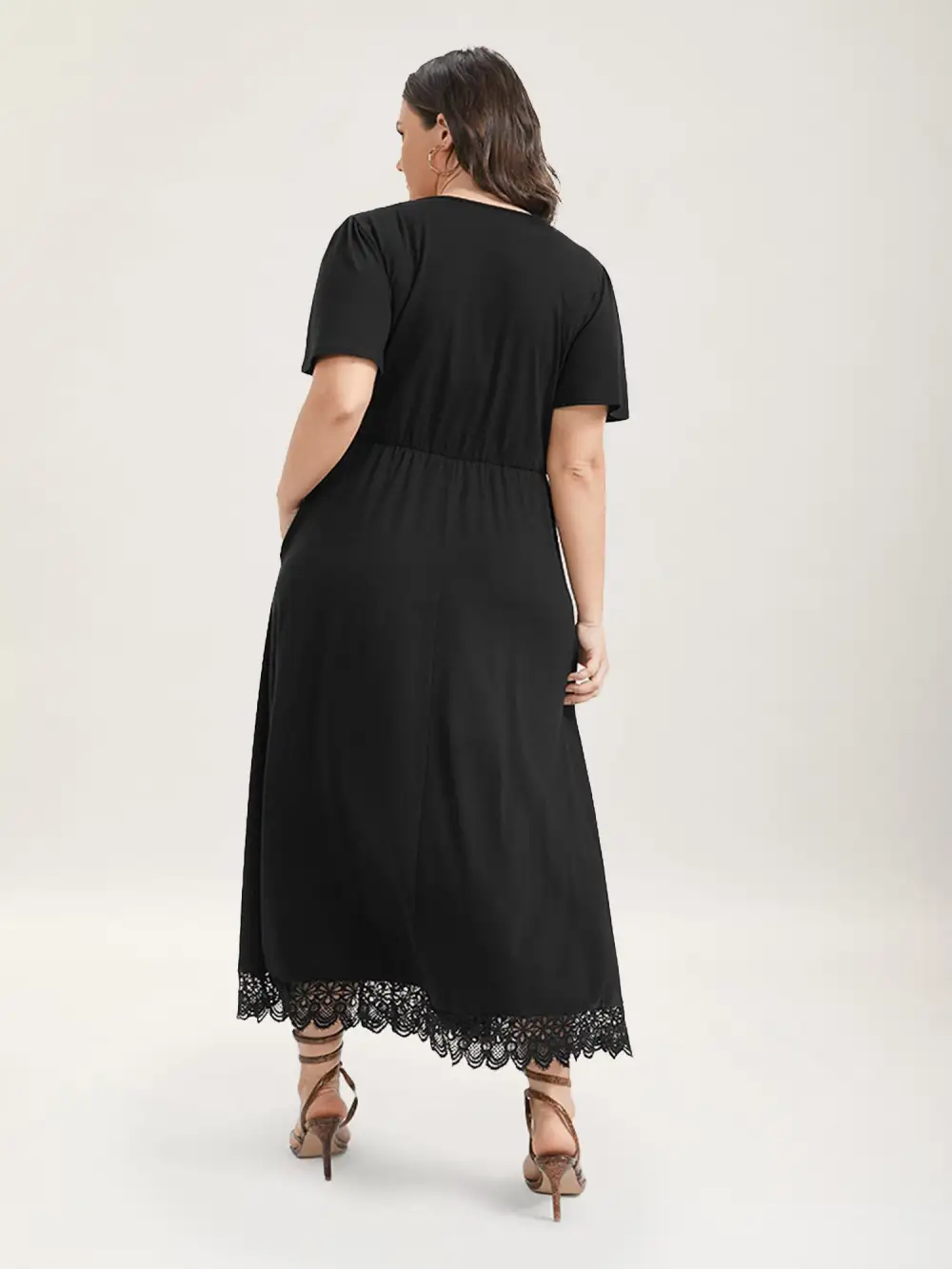Solid Pocket Contrast Lace Split Maxi Dress
