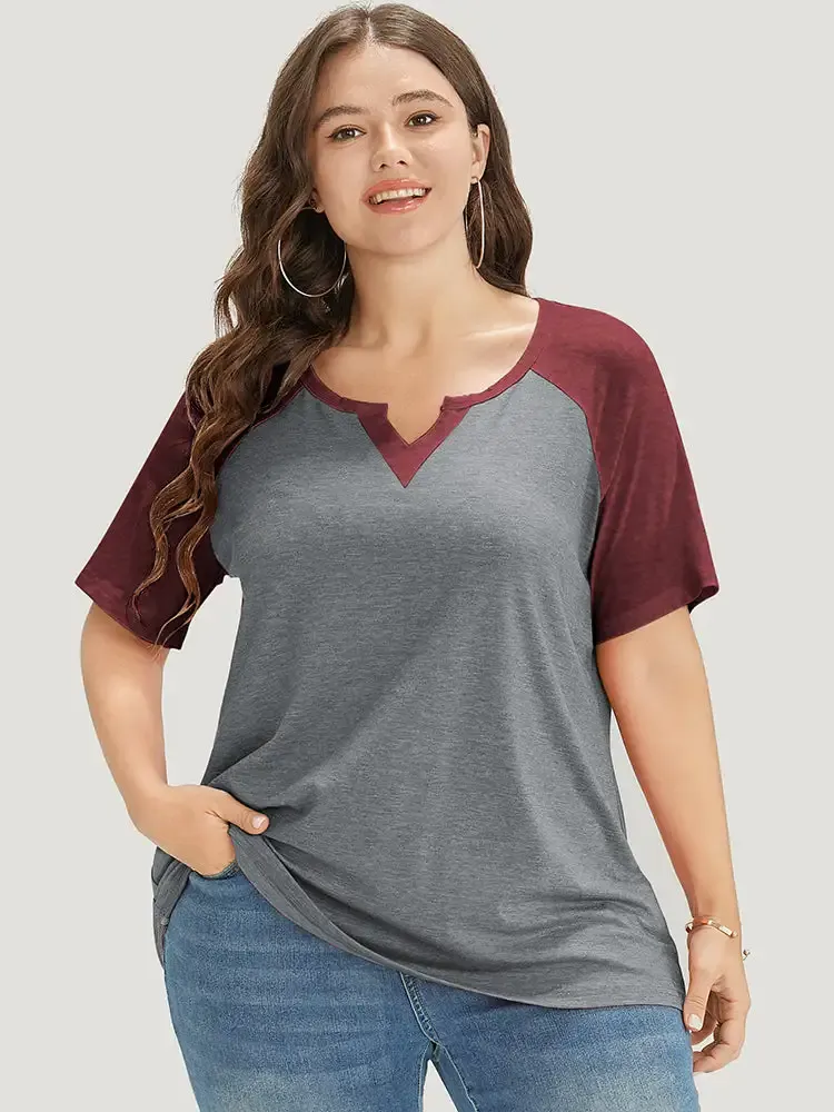 Colorblock Contrast Notched Raglan Sleeve T-shirt