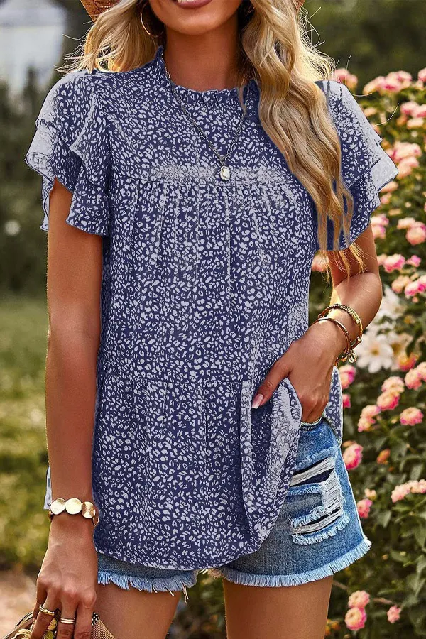 Animal Print Ruffle Chiffon T-Shirt