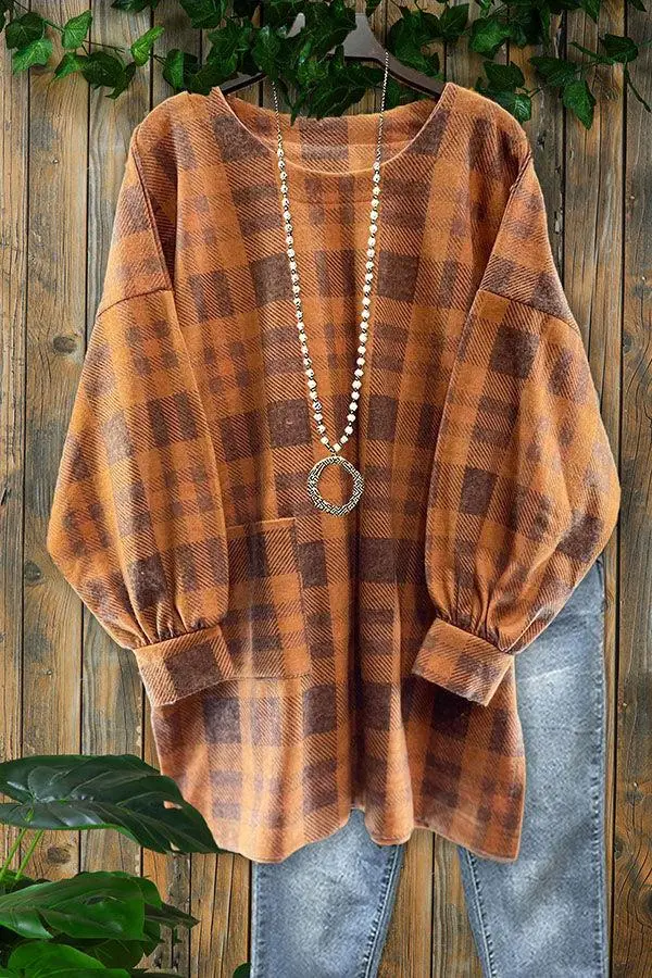 Plaid Print Crew Neck Loose Top