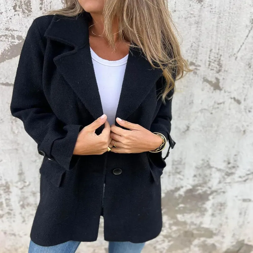 Women Wool Blend Coat 2024 Fall Lapel Single Breasted Mid Length Trench Coat Jacket Open Front Solid Long Sleeve Jacket