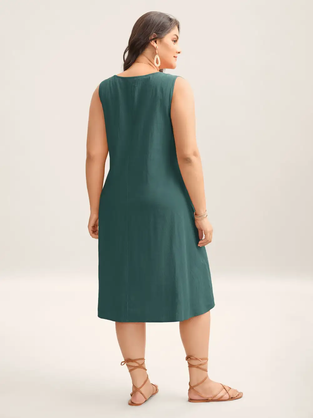 Cotton Toothpick Pleat Plain Midi Dress