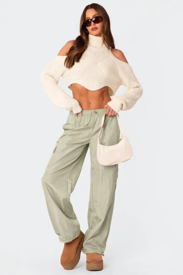Asymmetric Cropped Open Shoulder Turtle Neck Sweater