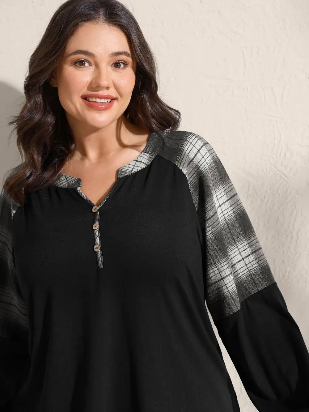 Stretchy Plaid Sleeve Split Neck T-Shirt