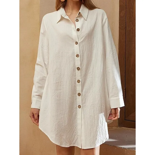 Women's Shirt Dress Mini Dress Cotton Linen Button Up Button Basic Casual Daily Shirt Collar Half Sleeve Summer Spring White