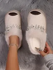 Women's Faux Fur Lined Rhinestone Slippers, Warm Plush Non-Slip Indoor Shoes, Elegant Winter House Footwear for Holiday Comfort