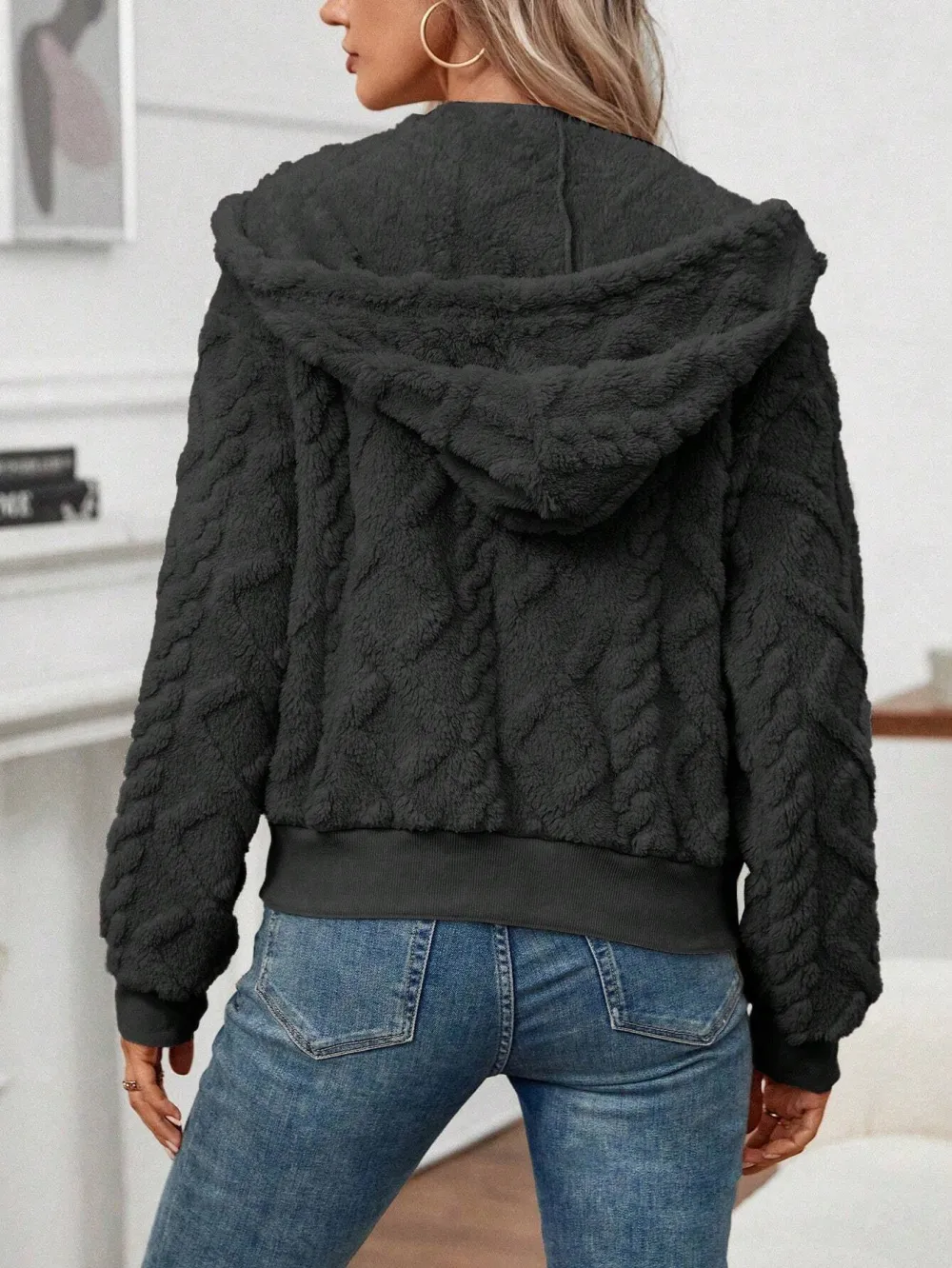 Women's Black Textured Plush Hooded Jacket
