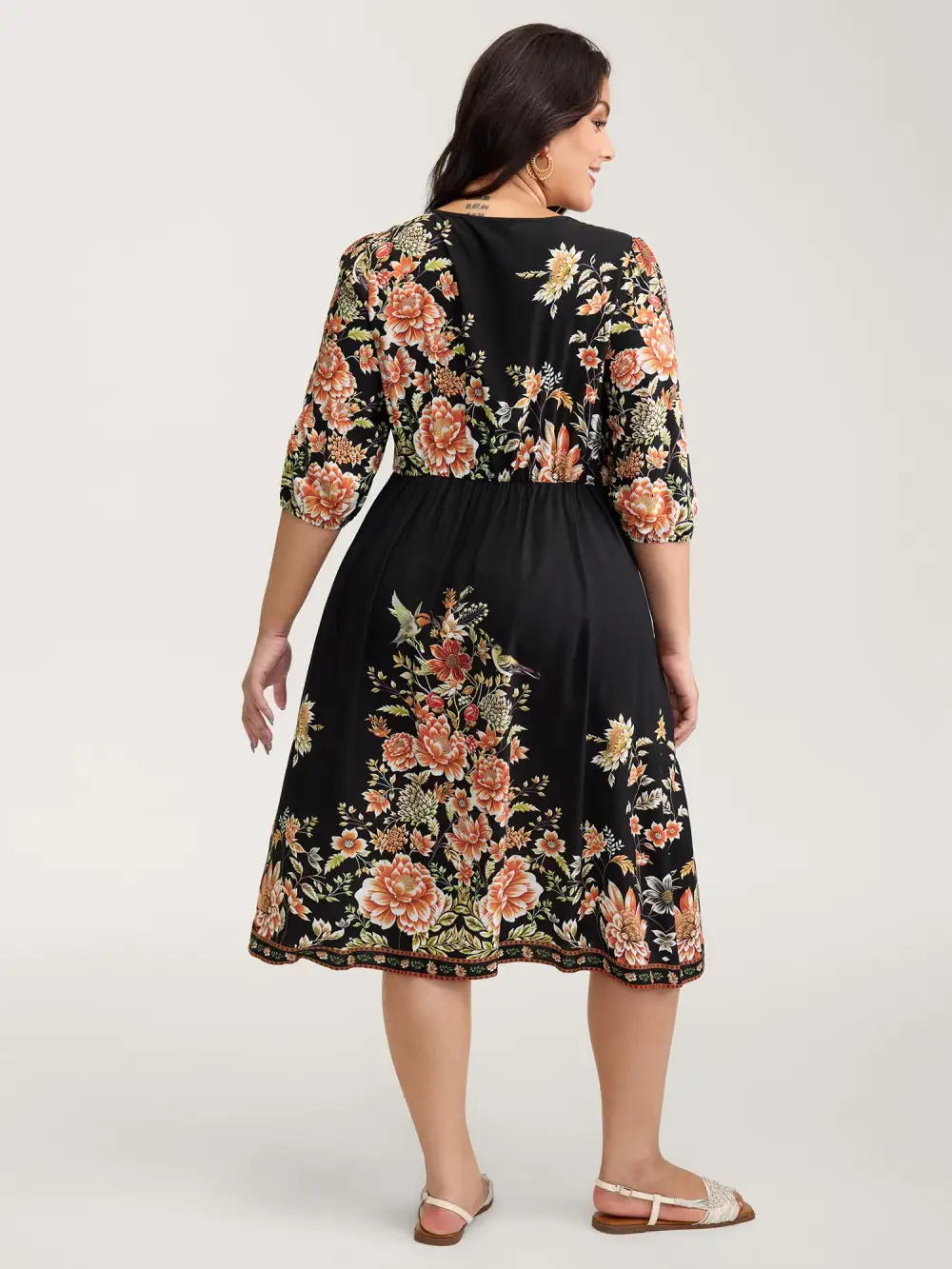 Rayon Floral Print Contrast V-Neck Midi Dress