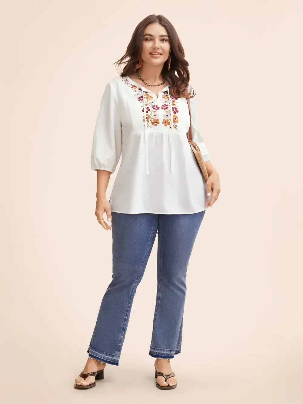 Floral Embroidered Tie Knot Lantern Sleeve Blouse