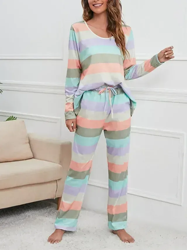 Women's Plus Size Pajamas Sets Nighty Pjs 2 Pieces Rainbow Stripe Fashion Comfort Soft Home Daily Bed Cotton Breathable V Wire Long Sleeve T shirt Tee Pant Fall Spring Blue Yellow
