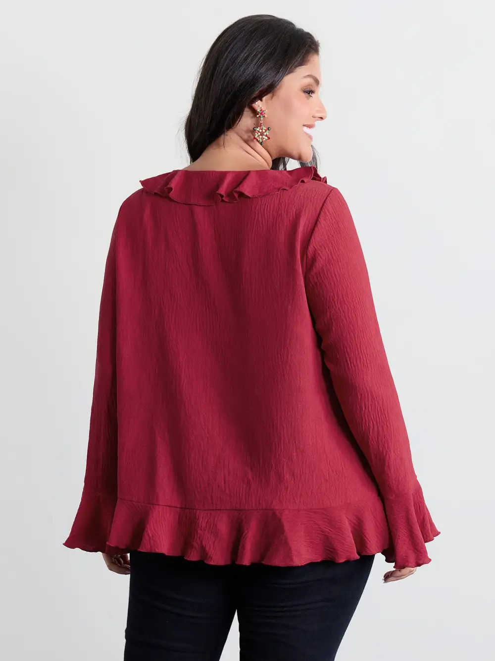 Ruffled V-Neck Curvy Edge Blouse