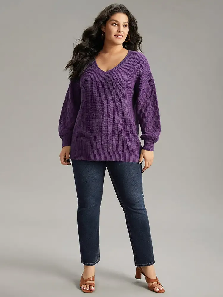 Solid Cable Knit V Neck Drop Shoulder Pullover