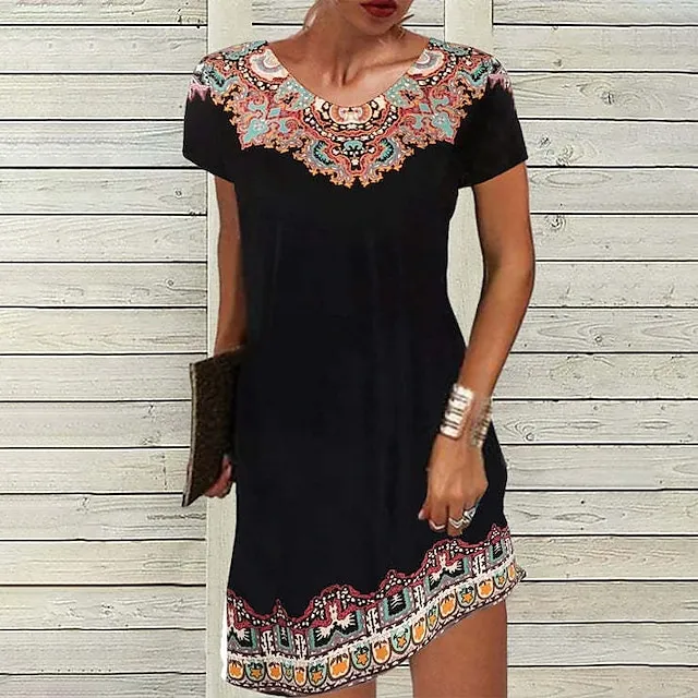 Women's Casual Dress Ethnic Dress Shift Dress Mini Dress Black White Light Green Short Sleeve Floral Print Spring Summer Crew Neck Basic Daily Vacation Loose Fit 2023 S M L XL XXL