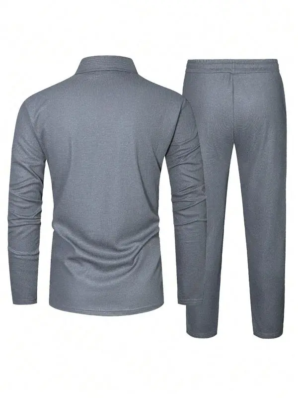Men's Solid Textured Long Sleeve Polo Shirt & Drawstring Waist Pants Set