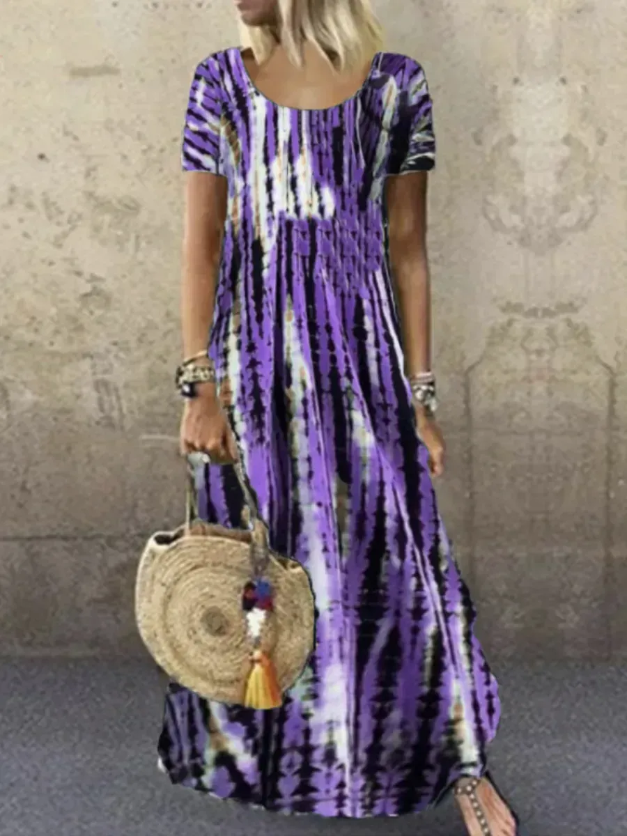 Ladies Round Neck Short Sleeve Tie-dye Printed Maxi Dress