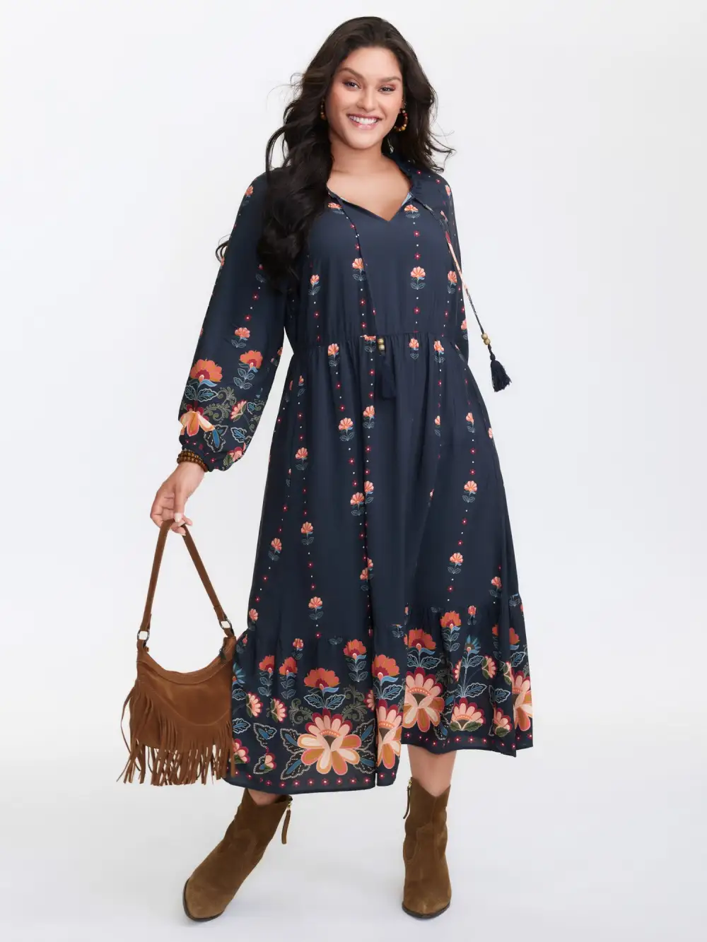 Boho Print Neck Tie Maxi Dress