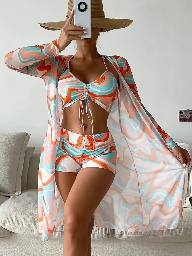 Women's Swimwear Bikini Normal Swimsuit 3-Piece Printing Graphic Black Yellow Blue Purple Orange Bathing Suits Sports Beach Wear Push Up