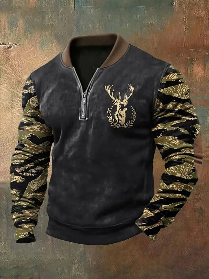 Men's Vintage Western Elk Print Zip-Up Sweatshirt
