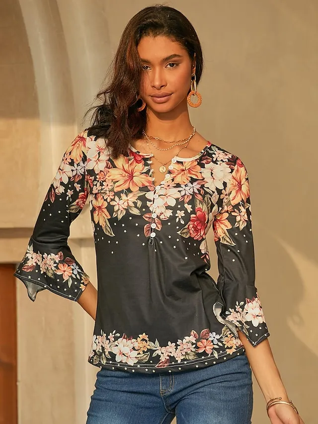 Women's Shirt Blouse Floral Button Print Holiday Basic 3/4 Length Sleeve Round Neck Black