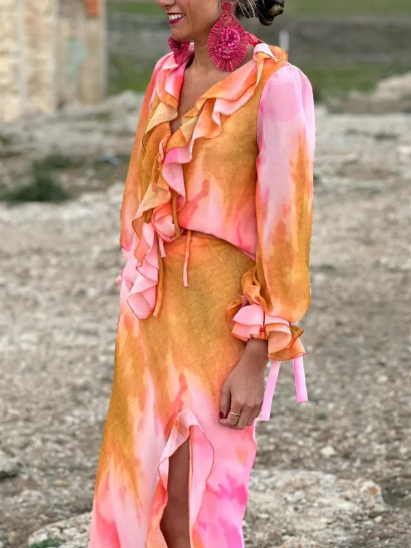 Elegant Print Ruffle Long Sleeve Dress