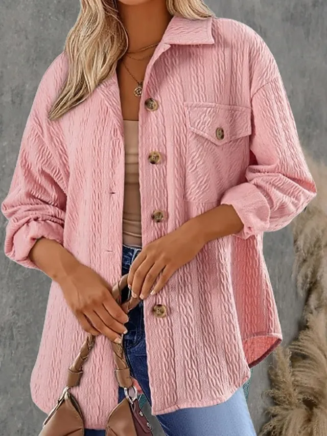 Women's Vacation Button Solid Color Breathable Fashion Loose Fit Outerwear Long Sleeve Spring