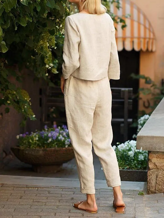 Women's Loungewear Sets Pure Color Simple Casual Comfort Home Daily Vacation Linen Breathable Crew Neck Long Sleeve Shirt Pant Pocket Summer Spring Black Red