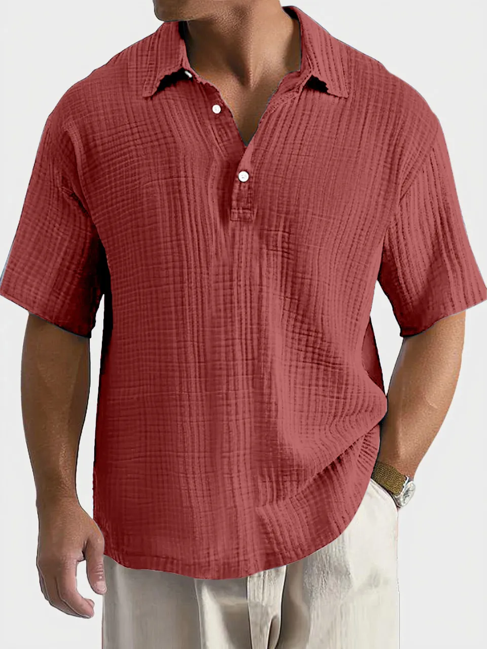 Men's Casual, Comfortable, Breathable Pleated Texture Button Short-sleeved Polo Shirt