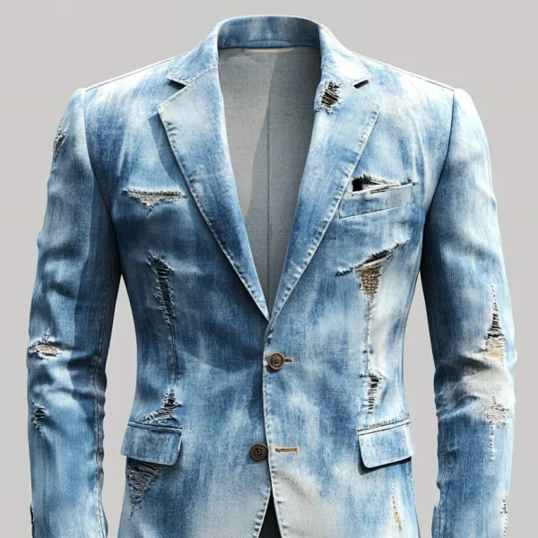 Men's Notch Lapel Long Sleeve Two Button Ripped Denim Blazer