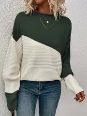 Womens Elegant Color Block Funnel Neck Pullover Sweater - Soft High Elasticity Acrylic Knit Fabric, Long Sleeve Drop Shoulder Design, Easy Care Hand Wash or Dry Clean, Perfect for Fall and Winter