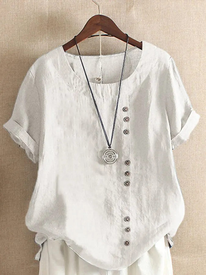 Women's Vintage Cotton Linen Button Crew Neck Short Sleeve T-Shirt