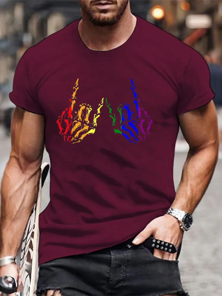 Men'S T-Shirt Skeleton Rock Hand LGBT Q Gay Pride Rainbow Flag Ally T Shirt