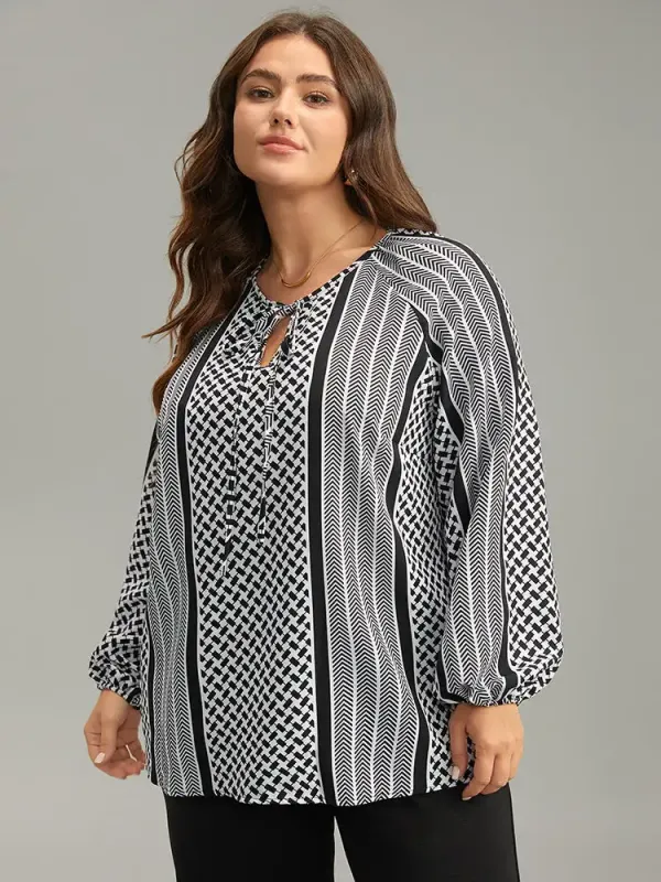 Geo Striped Tie Lantern Sleeve Blouse